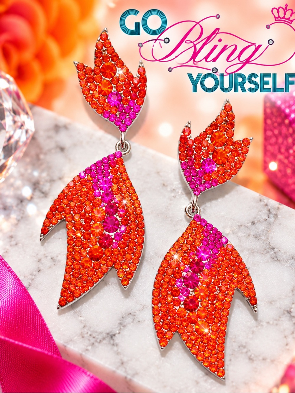 Custom Vibrant Orange & Pink Crystal Flame Drop Earrings